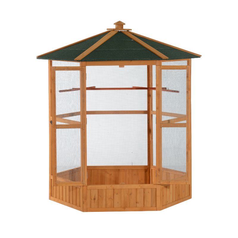 PawHut 69" Large Wooden Hexagonal Outdoor Aviary Flight Bird Cage With Covered Roof, 1 of 9