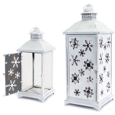 Melrose Set of 2 Large White Cut-Out Snowflake All-Weather Iron and Glass Christmas Candle Lanterns