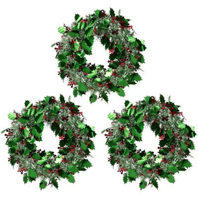 3-Pack Christmas Wreath - Sparkling Tinsel Door Hanger - Perfect Xmas and Winter - Green and Silver, 11.8x11.8"