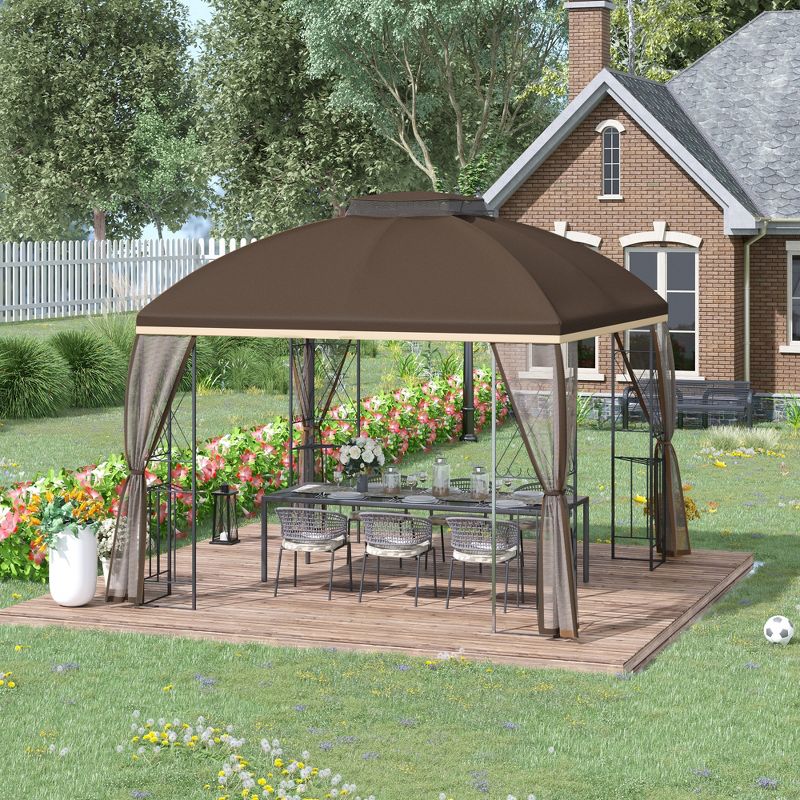 Outsunny 10' x 10' Patio Gazebo Canopy Outdoor Canopy Shelter with Double Tier Roof, Removable Mesh Netting, Display Shelves, 2 of 9