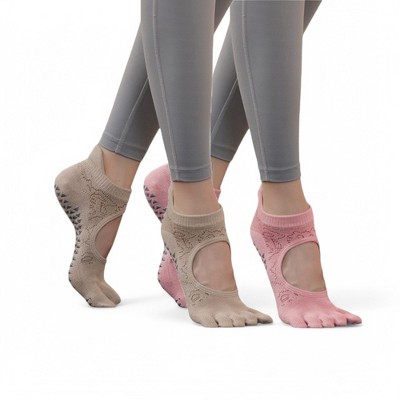 Alilang Women's 2-Pack Non-Slip Five-Toe Yoga Socks with Open Top Design for Stability and Comfort - One Size Fits Most,