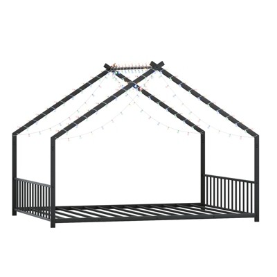 Vynxaria Full Size Kids Bed Frame Roof Shaped Iron Frame Safer Floor Bed Black