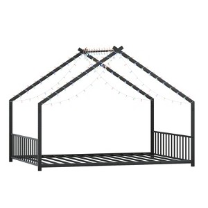 Vynxaria Full Size Kids Bed Frame Roof Shaped Iron Frame Safer Floor Bed Black - 1 of 3