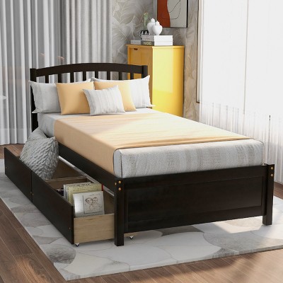 Twin Size Platform Bed with Storage Drawers and Headboard, Solid Wood Frame Bed for Bedroom-Baofuwish