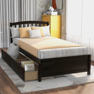 Twin Size Platform Bed with Storage Drawers and Headboard, Solid Wood Frame Bed for Bedroom-Baofuwish - 1 of 4