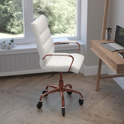 White LeatherSoft Mid-Back Executive Swivel Chair with Rose Gold Frame