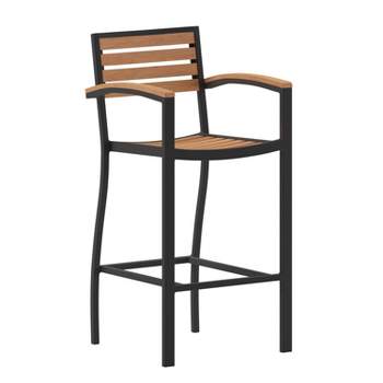 Emma and Oliver All-Weather Bar Height Dining Stool with Armrests, Polyresin Slats and Aluminum Frame