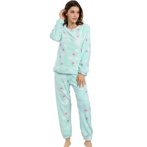 Allegra K Women's Winter Flannel Long Sleeve Nightwear Top and Pants Pajama Sets - 1 of 4