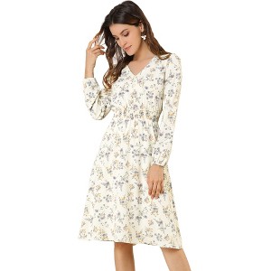 Allegra K Women's Floral Print V-Neck Smocked Waist Midi Dress - 1 of 4