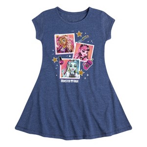 Girls' - Monster High - Clawdeen Wolf Draculaura Frankie Stein Polaroids Fit & Flair Cap Sleeve Dress - 1 of 3