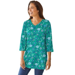 Woman Within Perfect Printed Three-Quarter-Sleeve V-Neck Tunic - 1 of 4