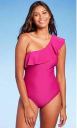 Women's Ruffle One Shoulder Full Coverage One Piece Swimsuit - Kona Sol™ Pink