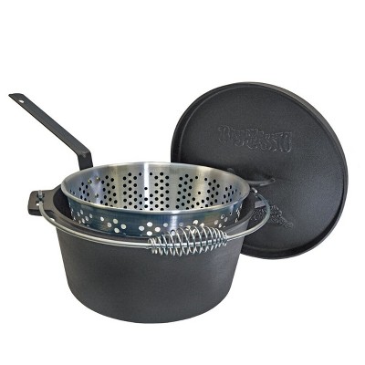 Bayou Classic Cast Iron Dutch Oven w/ Fry Basket Features Flanged Camp Lid Perforated Aluminum Basket Stainless Coil Wire Handle Grip