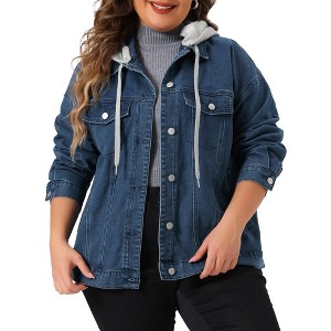 Agnes Orinda Women's Plus Size Denim Detachable Drawstring Hoodie Pockets Jean Jackets - 1 of 4