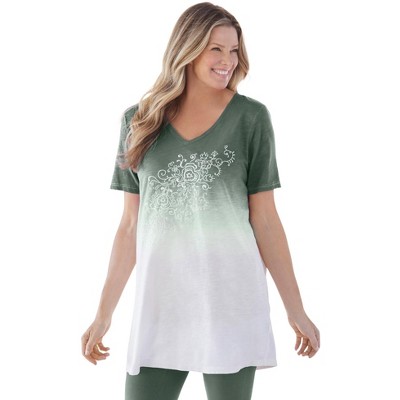 Woman Within Short-Sleeve V-Neck Embroidered Dip Dye Tunic