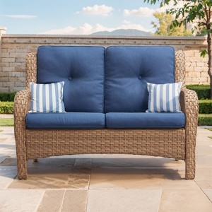 Buenhomino Outdoor Patio Couch Wicker Sofa Loveseat- 2 Seater Rattan Sofa for Outside Patio Garden with Deep Seating and Olefin Cushions - 1 of 4