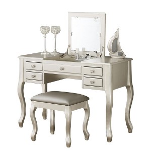 Poundex Wooden Makeup Vanity Set Desk, Mirror and Stool - 1 of 3