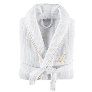 Linum Home Textiles Hotel 100% Turkish Cotton Waffle Terry Personalized White Bathrobe with Gold Satin Piped Trim in Gold Script Font - 1 of 2