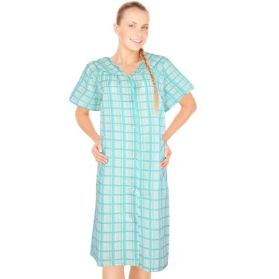 JEFFRICO House Dresses for Women with Pockets - Lightweight Breathable Short Sleeve Muumuu & Nightgowns - Snap Front Housecoat Dusters