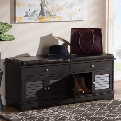 Contemporary Dark Brown Wood 2-Drawer Shoe Storage Bench with Faux Leather Cushion