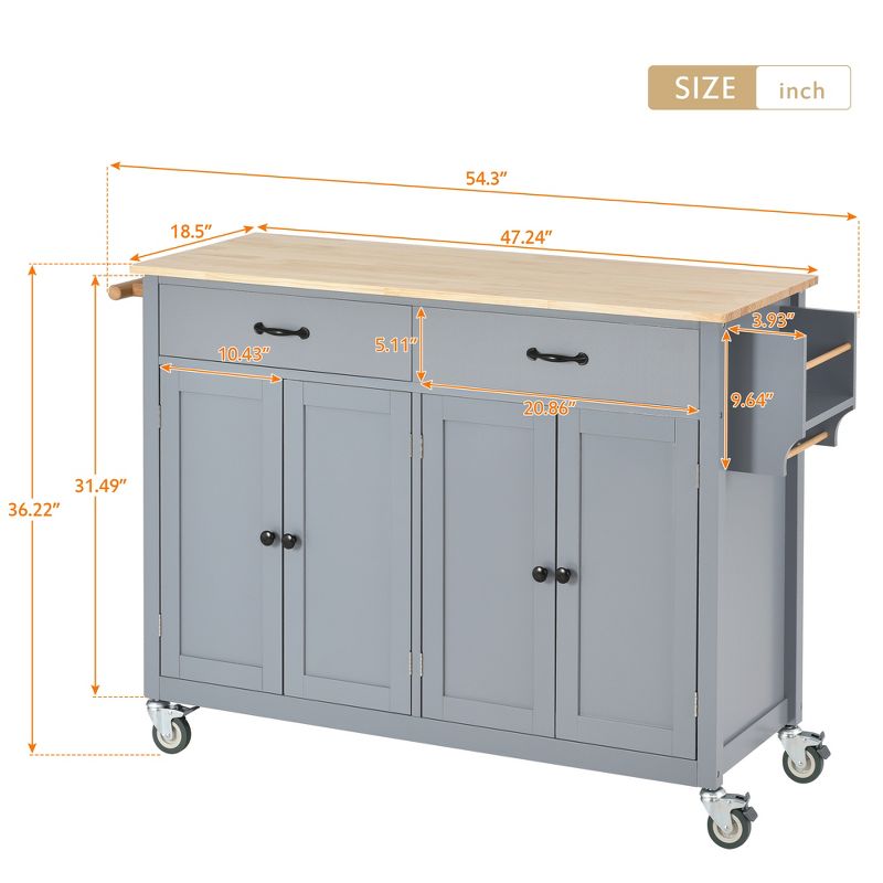 54.3 Inch Width Kitchen Island Cart with Solid Wood Top, 4 Door Cabinet, Two Drawers, Spice Rack and Locking Wheels-ModernLuxe, 3 of 13