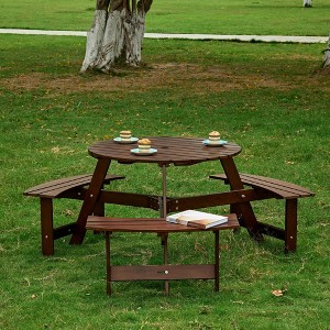 Gulches 6-Person Round Outdoor Picnic Table with 3 Built-in Benches - 2" Umbrella Hole, Weather-Resistant Waterproof Wood, Brown - 1 of 4