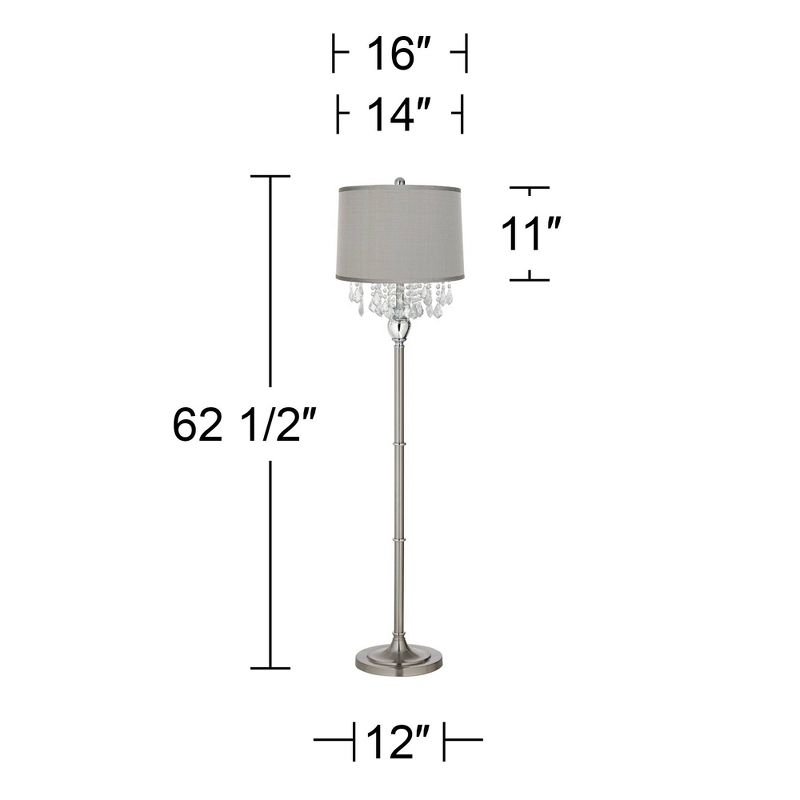 360 Lighting Modern Floor Lamp 62.5" Tall Satin Steel Chrome Crystal Chandelier Platinum Gray Silk Drum Shade for Living Room Reading Bedroom, 3 of 6