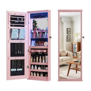 Fredees LED Mirror Jewelry Armoire, Wall or Over-the-Door Mount, Lockable Rounded Mirror with Storage, Foldable Shelf, 16" Wide Interior - 1 of 4