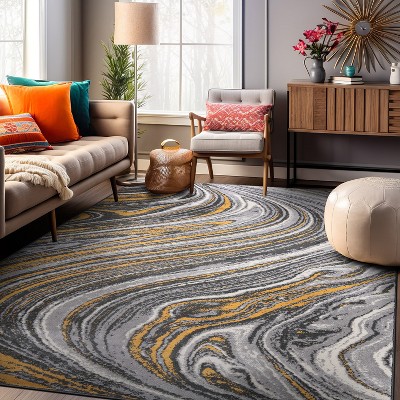 Yellow and Gray Abstract Swirl 5' x 7' Stain-Resistant Synthetic Rug