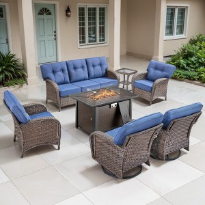 Belord Brown Wicker 7 Piece Patio Furniture Set with 5" Thick Cushions, Outdoor Fire Pit Table Set with Swivel Gliding Rocker Chairs and Club Chairs - 1 of 4