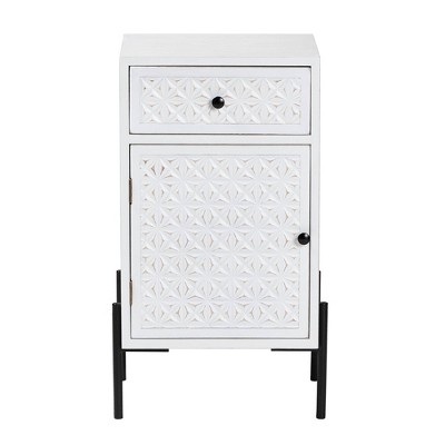 Baxton Studio Nefeli Wood and Metal 1 Drawer Storage Cabinet White/Black: Mid-Century Design, Carved Detail, Solid Legs