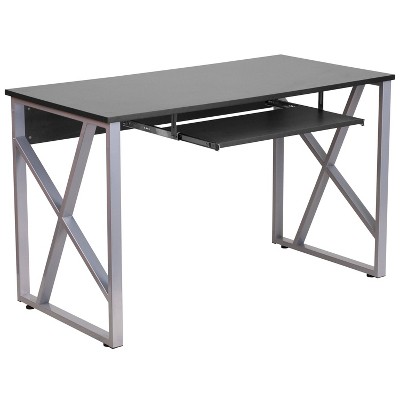 Computer Desk with Pull - Out Keyboard Tray - Black Laminate Top/Silver Frame - Riverstone Furniture Collection