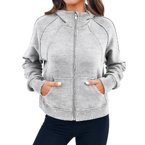 Imily Bela Women's zipper hoodie with a short cut, polo collar, casual cotton long sleeves, and thumb holes - 1 of 2