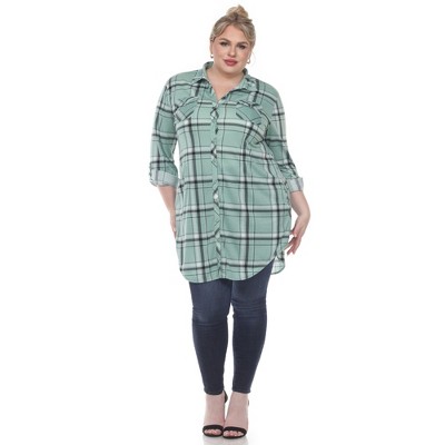 Women's Printed Plaid Roll Tab Tunic - White Mark