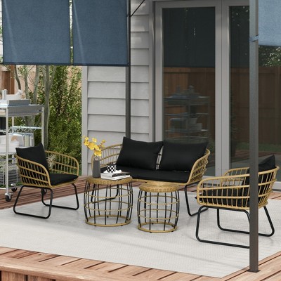 Black 4-Person PE Rattan Outdoor Furniture Set with Cushions