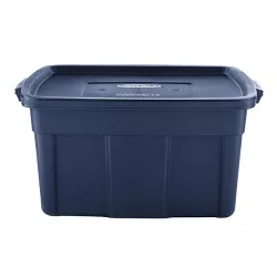 Rubbermaid Roughneck Home Office 31 Gallon Stackable Washable Rugged Latching Plastic Storage Tote with Lid, Dark Indigo Metallic (12 Pack)