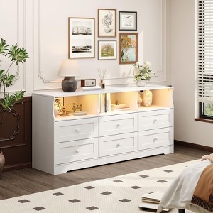 63 in Dresser for Bedroom, 6 Drawer Dresser with LED Lights & Charging Station, Wood Chest of Drawers with Open Shelves - 1 of 4