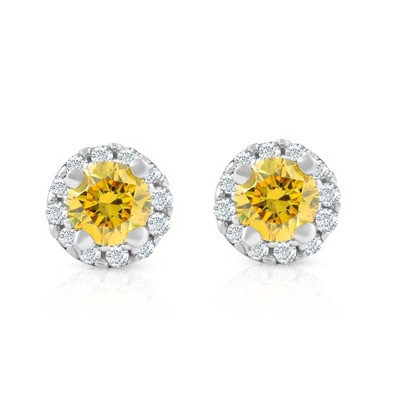 Pompeii3 1/4 Ct Halo Fancy Yellow Lab Created Diamond Studs 10K White Gold