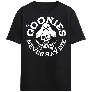 The Goonies White Pirate Flag Never Say Die Adult Black Crew Neck Short Sleeve T-shirt - 1 of 3