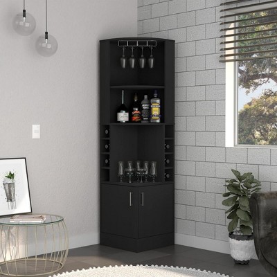 Cairo Black Corner Bar Cabinet with Glass Rack and Wine Cubbies