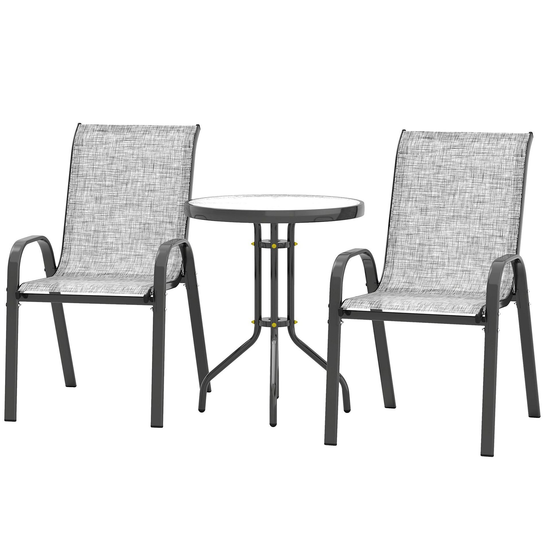 Aghana Digitals 2-Chair & Glass Table Bistro Set: Stackable Mesh Seats, Steel Frame for Gray 28.00×21.30×36.60 in