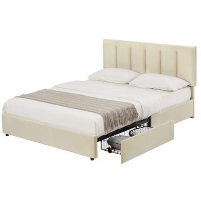 VECELO Velvet Upholstered Platform Bed Frame with Storage Drawers, Adjustable Headboard, No Box Spring Needed, Modern Storage Bed Frame for Bedroom