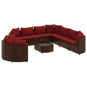 vidaXL Patio Sofa Set with Cushions 10 Piece Poly Rattan - Brown and Red - 1 of 4