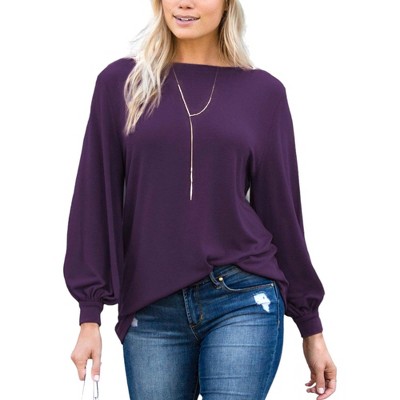 Amaryllis Women's Long-Sleeve Casual Boat Neck Loose-Fit Blouse Soft Stretchy Knit