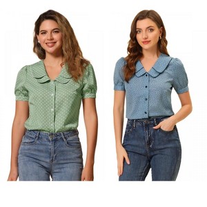INSPIRE CHIC Women's Vintage Polka Dots Peter Pan Collar Puff Short Sleeve Shirt 2 Packs - 1 of 4