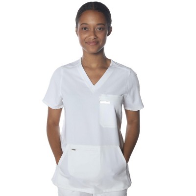 Members Only Womens Scrub Top With Double Chest And Pouch Pocket - White