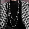 Silver multi-strand imitation pearl necklace, vintage long white pearl necklace - 3 of 4
