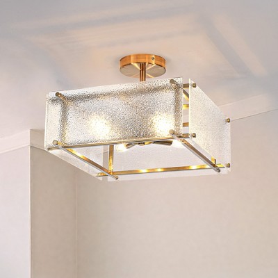 PAKOKULA 4-Light Gold Square Semi-Flush Mount Ceiling Light with Textured Water Glass Shades, 14.57 in. Wide, Dimmable, Modern Glam Farmhouse Lighting