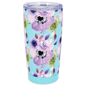 Elanze Designs 20 oz Stainless Steel On the Go Insulated Travel Tumbler With Push Top Lid, Purple Floral Print Sky Blue - 1 of 4