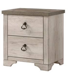 1pc Cottage Style Distressed 2 Drawer Nightstand Driftwood Finish Contrasting Weathered Brown Top Traditional Ring Pull Hardware Wooden - 1 of 4